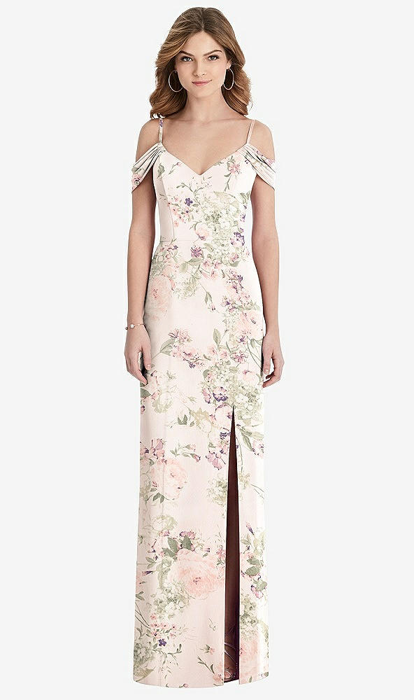 Front View - Blush Garden Off-the-Shoulder Chiffon Trumpet Gown with Front Slit