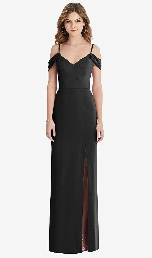 Front View - Black Off-the-Shoulder Chiffon Trumpet Gown with Front Slit