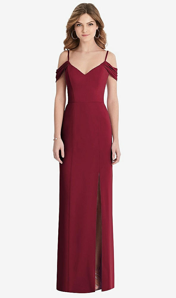 Front View - Burgundy Off-the-Shoulder Chiffon Trumpet Gown with Front Slit