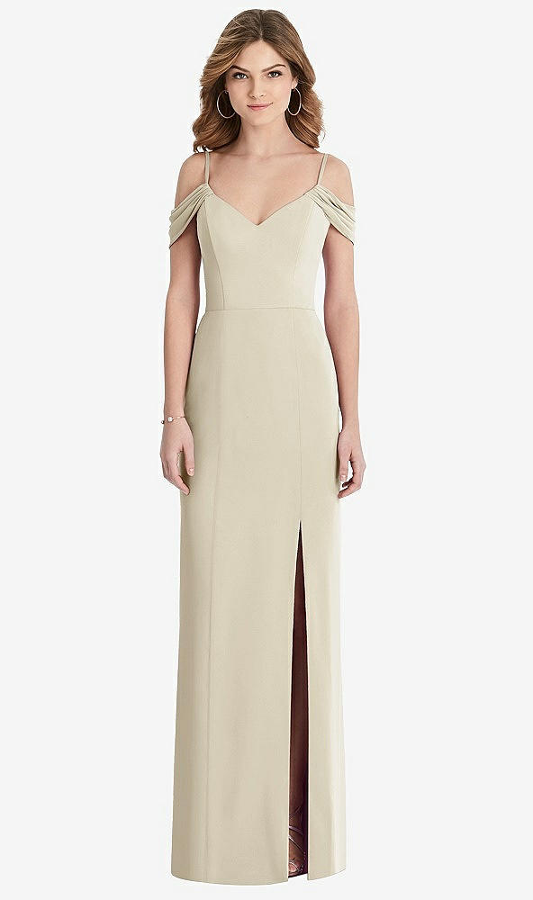 Front View - Champagne Off-the-Shoulder Chiffon Trumpet Gown with Front Slit