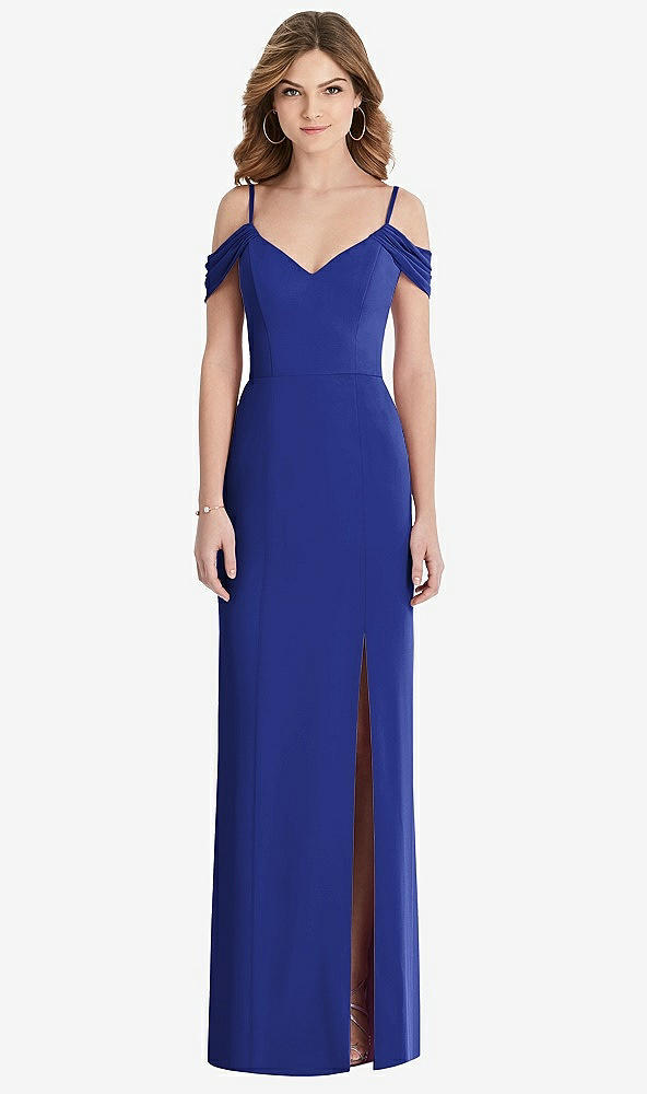 Front View - Cobalt Blue Off-the-Shoulder Chiffon Trumpet Gown with Front Slit
