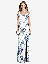 Front View Thumbnail - Cottage Rose Dusk Blue Off-the-Shoulder Chiffon Trumpet Gown with Front Slit