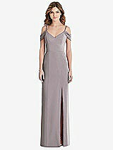 Front View Thumbnail - Cashmere Gray Off-the-Shoulder Chiffon Trumpet Gown with Front Slit