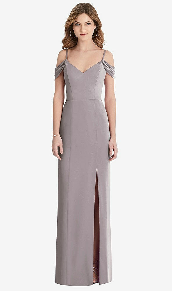 Front View - Cashmere Gray Off-the-Shoulder Chiffon Trumpet Gown with Front Slit