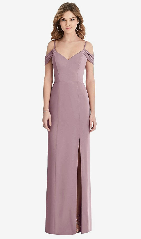 Front View - Dusty Rose Off-the-Shoulder Chiffon Trumpet Gown with Front Slit