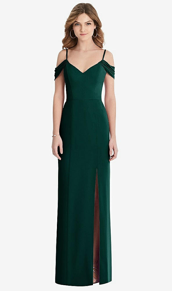 Front View - Evergreen Off-the-Shoulder Chiffon Trumpet Gown with Front Slit