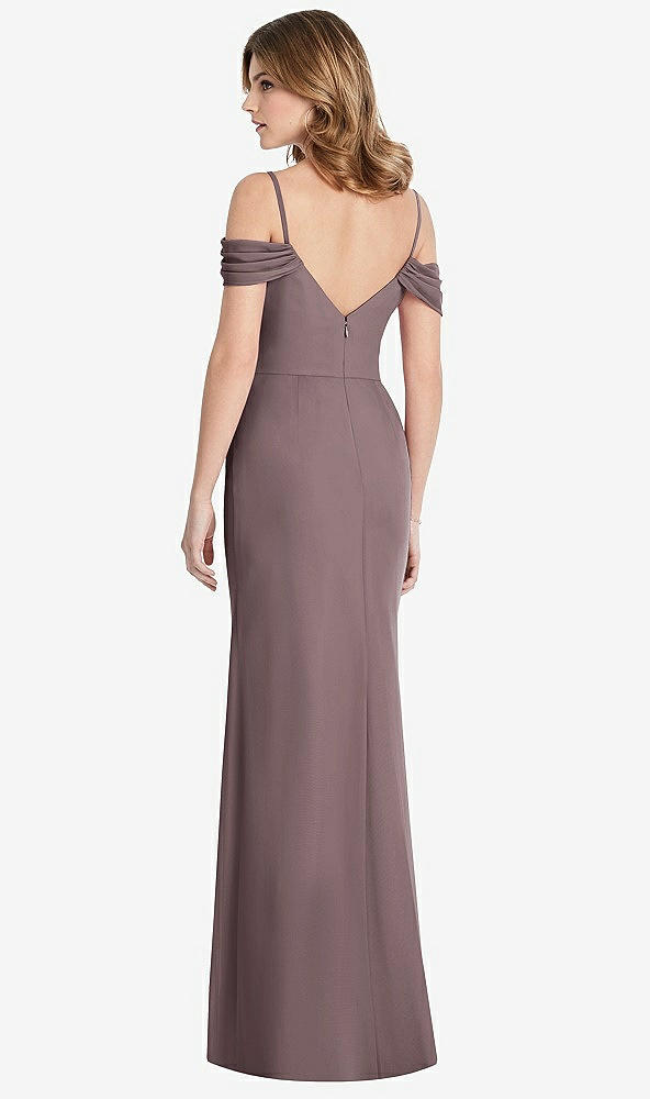Back View - French Truffle Off-the-Shoulder Chiffon Trumpet Gown with Front Slit