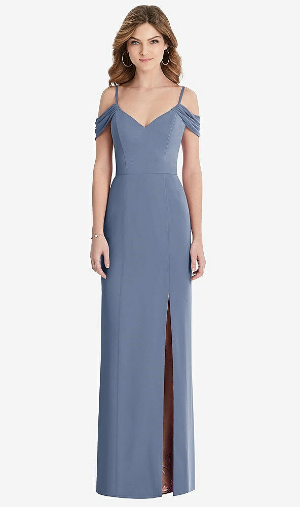 Front View - Larkspur Blue Off-the-Shoulder Chiffon Trumpet Gown with Front Slit