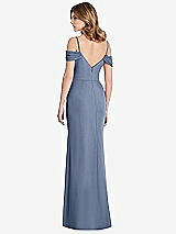 Rear View Thumbnail - Larkspur Blue Off-the-Shoulder Chiffon Trumpet Gown with Front Slit
