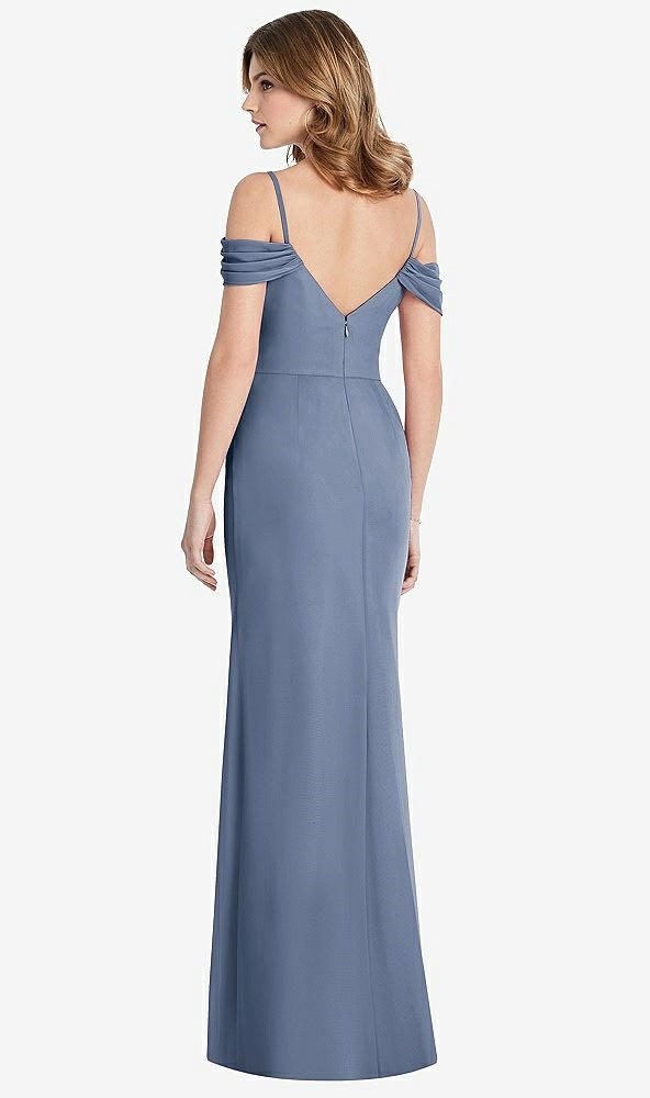 Back View - Larkspur Blue Off-the-Shoulder Chiffon Trumpet Gown with Front Slit
