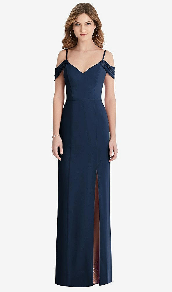 Front View - Midnight Navy Off-the-Shoulder Chiffon Trumpet Gown with Front Slit