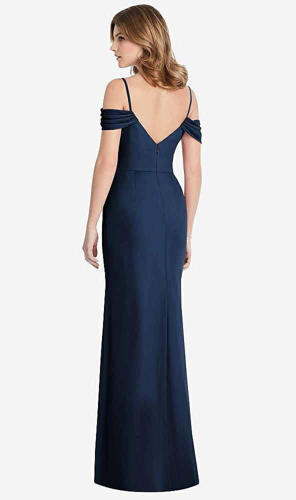 Back View - Midnight Navy Off-the-Shoulder Chiffon Trumpet Gown with Front Slit