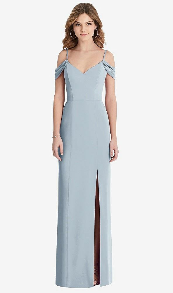Front View - Mist Off-the-Shoulder Chiffon Trumpet Gown with Front Slit