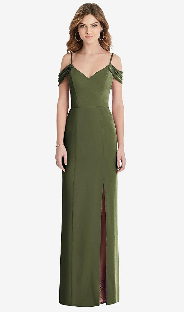 Front View - Olive Green Off-the-Shoulder Chiffon Trumpet Gown with Front Slit