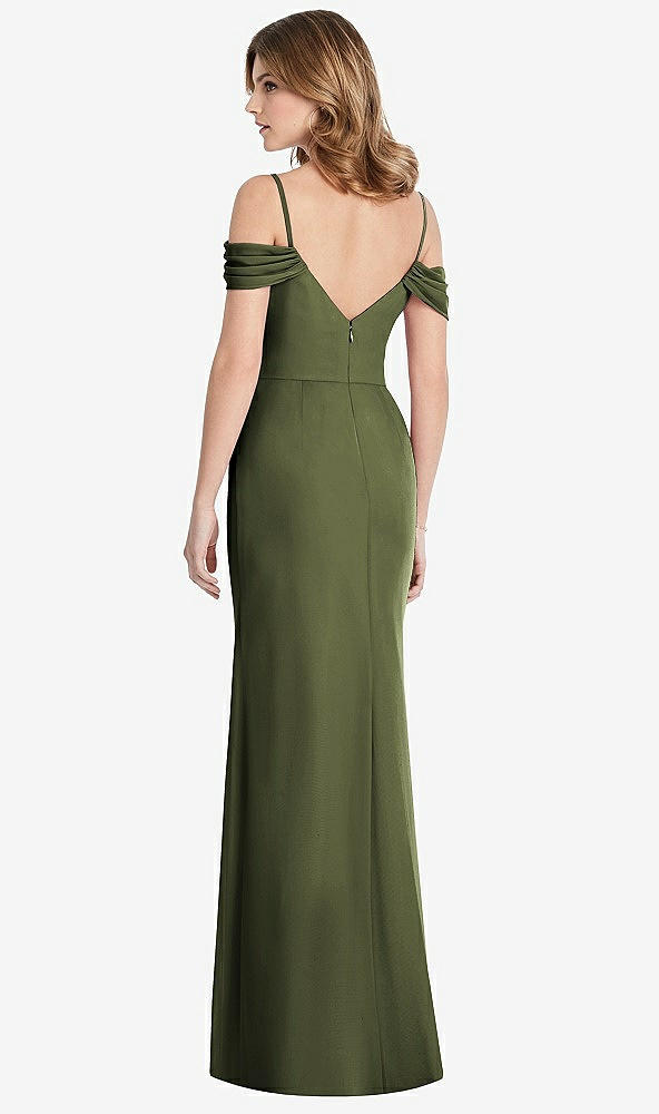 Back View - Olive Green Off-the-Shoulder Chiffon Trumpet Gown with Front Slit