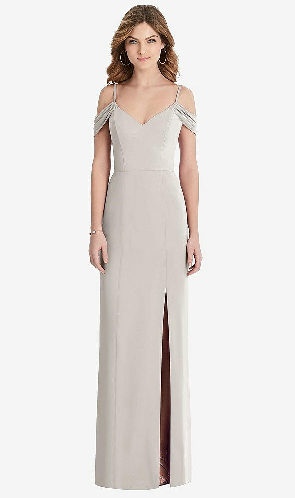 Front View - Oyster Off-the-Shoulder Chiffon Trumpet Gown with Front Slit
