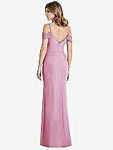 Rear View Thumbnail - Powder Pink Off-the-Shoulder Chiffon Trumpet Gown with Front Slit