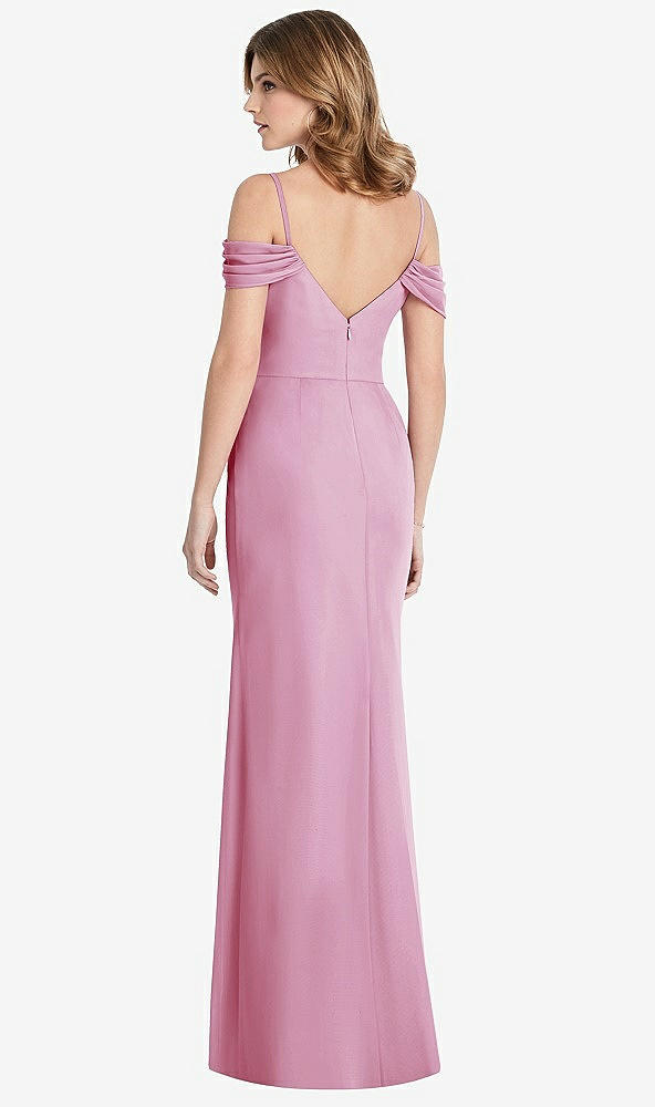 Back View - Powder Pink Off-the-Shoulder Chiffon Trumpet Gown with Front Slit