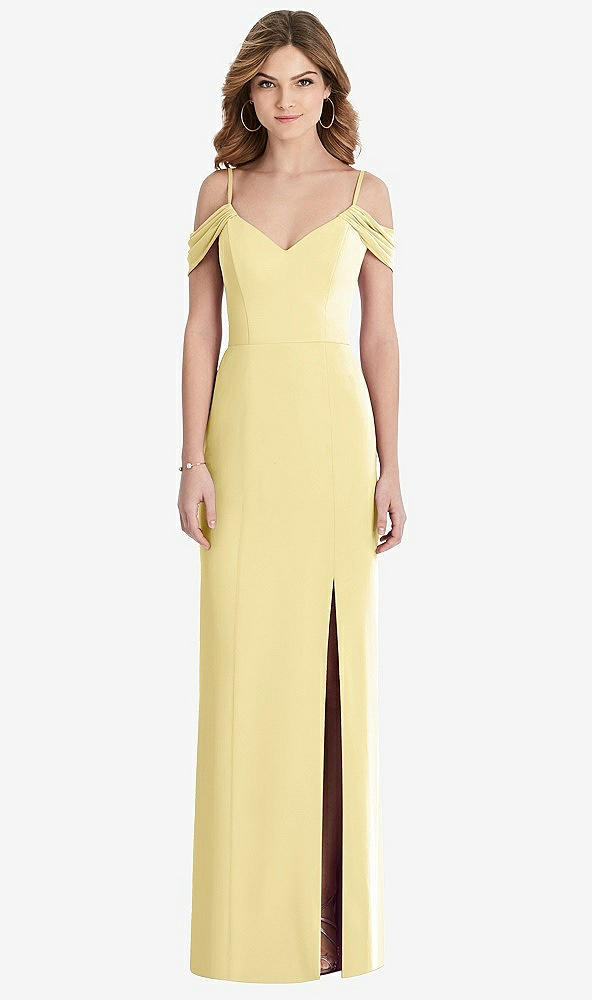 Front View - Pale Yellow Off-the-Shoulder Chiffon Trumpet Gown with Front Slit