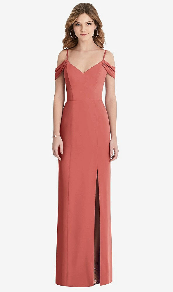 Front View - Coral Pink Off-the-Shoulder Chiffon Trumpet Gown with Front Slit