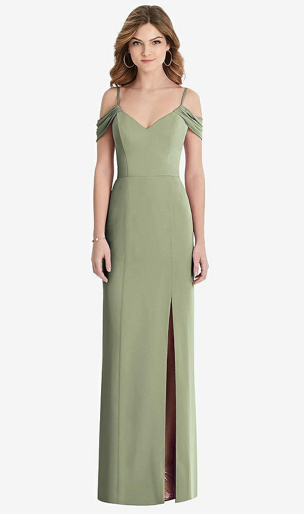 Front View - Sage Off-the-Shoulder Chiffon Trumpet Gown with Front Slit
