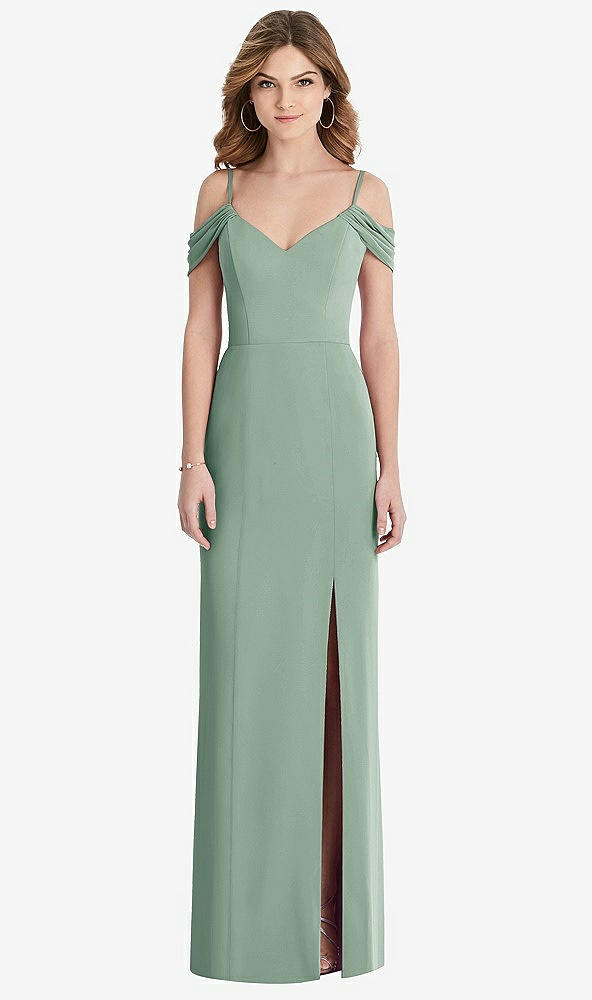 Front View - Seagrass Off-the-Shoulder Chiffon Trumpet Gown with Front Slit