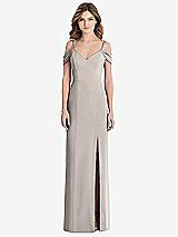 Front View Thumbnail - Taupe Off-the-Shoulder Chiffon Trumpet Gown with Front Slit