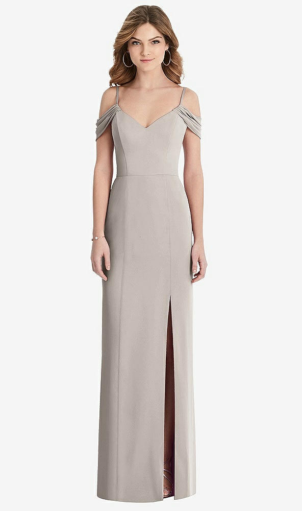 Front View - Taupe Off-the-Shoulder Chiffon Trumpet Gown with Front Slit