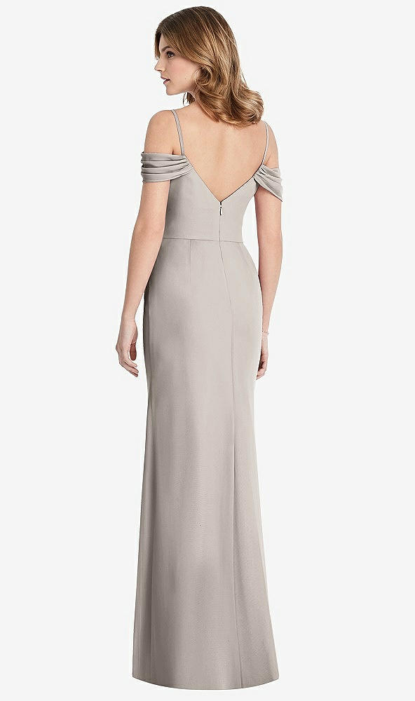 Back View - Taupe Off-the-Shoulder Chiffon Trumpet Gown with Front Slit