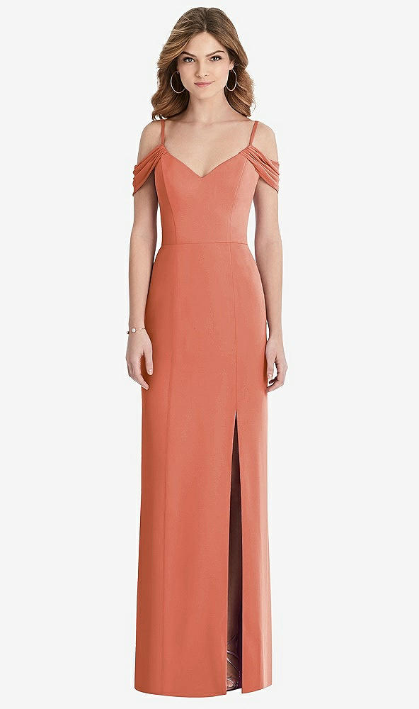 Front View - Terracotta Copper Off-the-Shoulder Chiffon Trumpet Gown with Front Slit