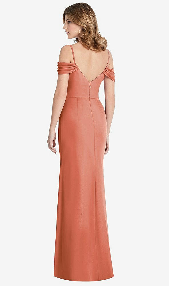 Back View - Terracotta Copper Off-the-Shoulder Chiffon Trumpet Gown with Front Slit
