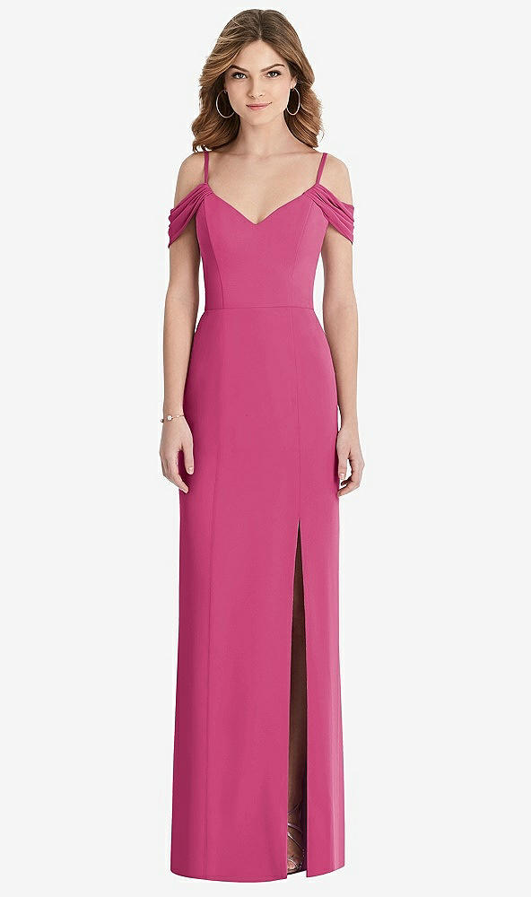 Front View - Tea Rose Off-the-Shoulder Chiffon Trumpet Gown with Front Slit