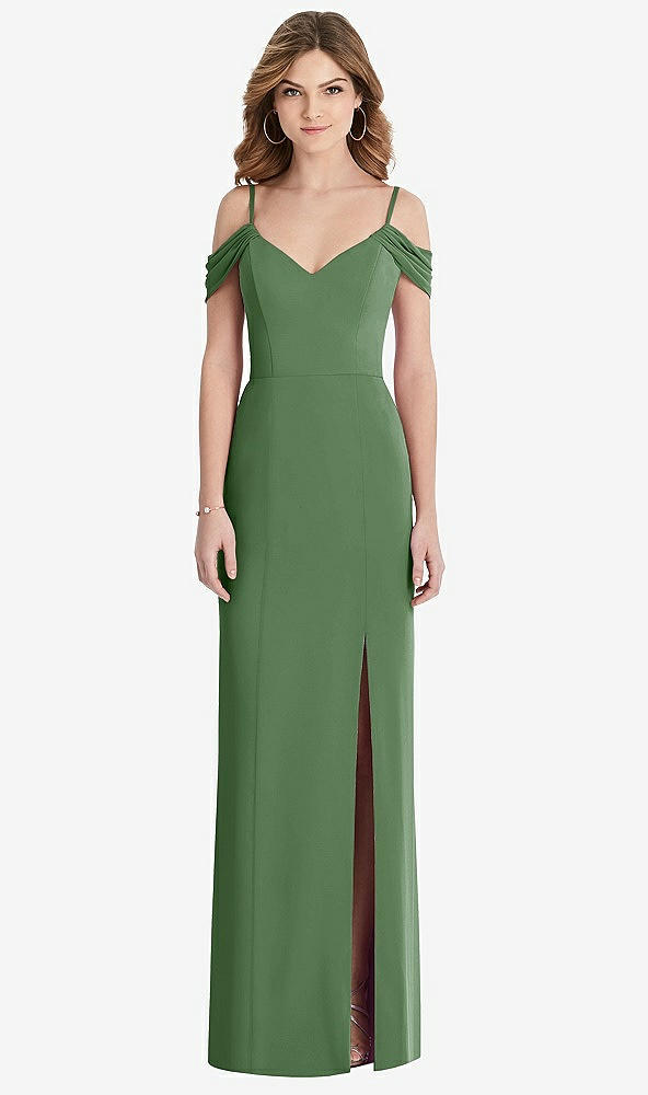 Front View - Vineyard Green Off-the-Shoulder Chiffon Trumpet Gown with Front Slit