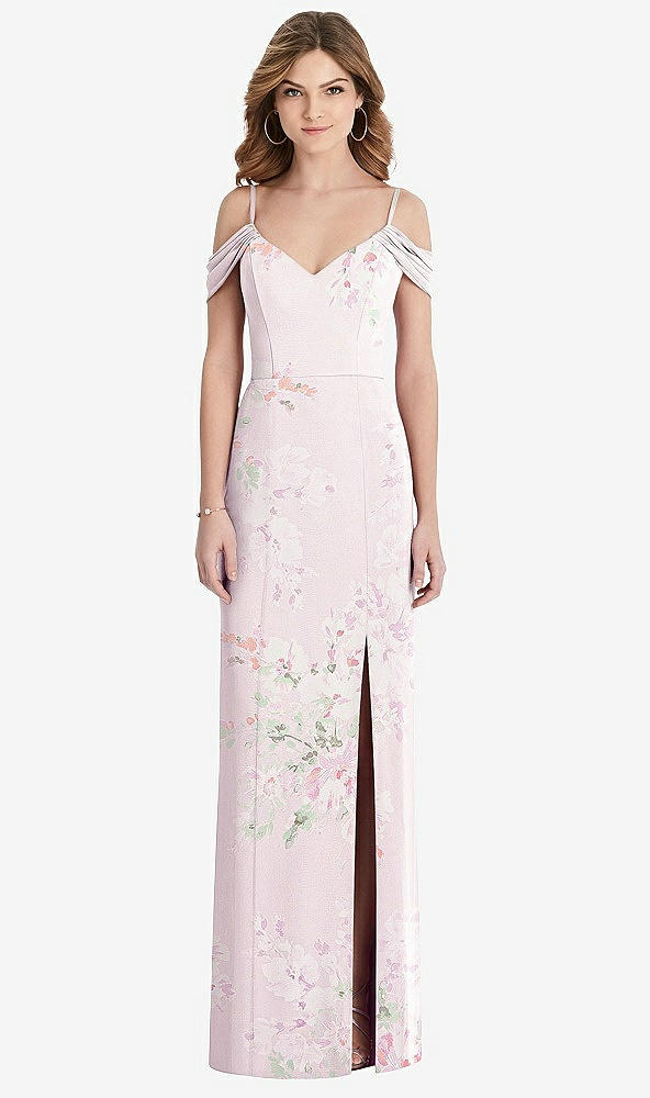 Front View - Watercolor Print Off-the-Shoulder Chiffon Trumpet Gown with Front Slit