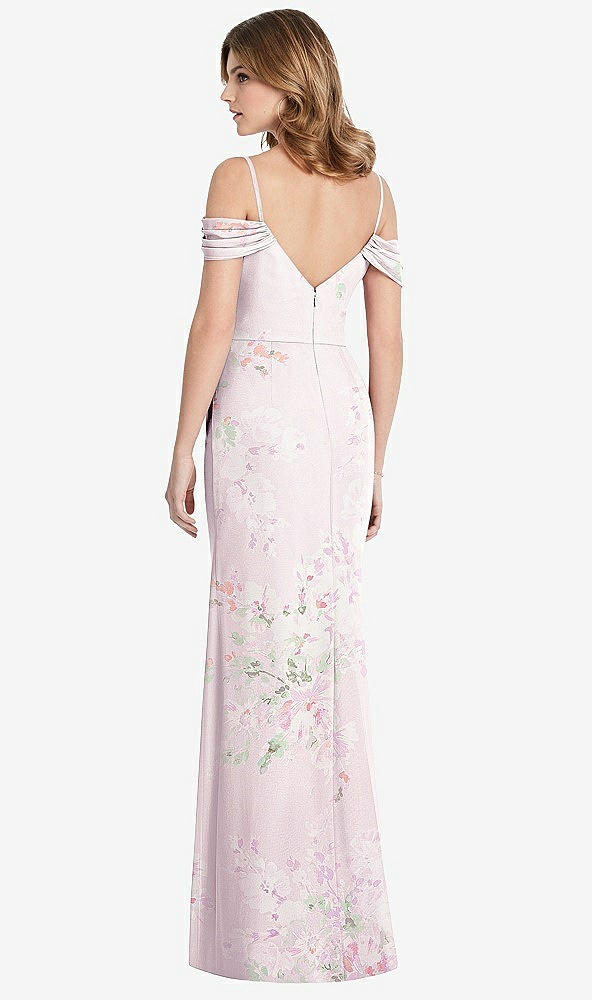 Back View - Watercolor Print Off-the-Shoulder Chiffon Trumpet Gown with Front Slit