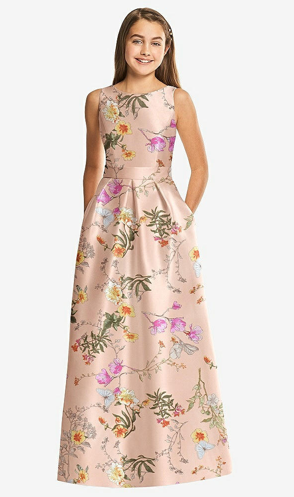 Front View - Butterfly Botanica Pink Sand Floral Bateau Neck Maxi Junior Bridesmaid Dress with Pockets