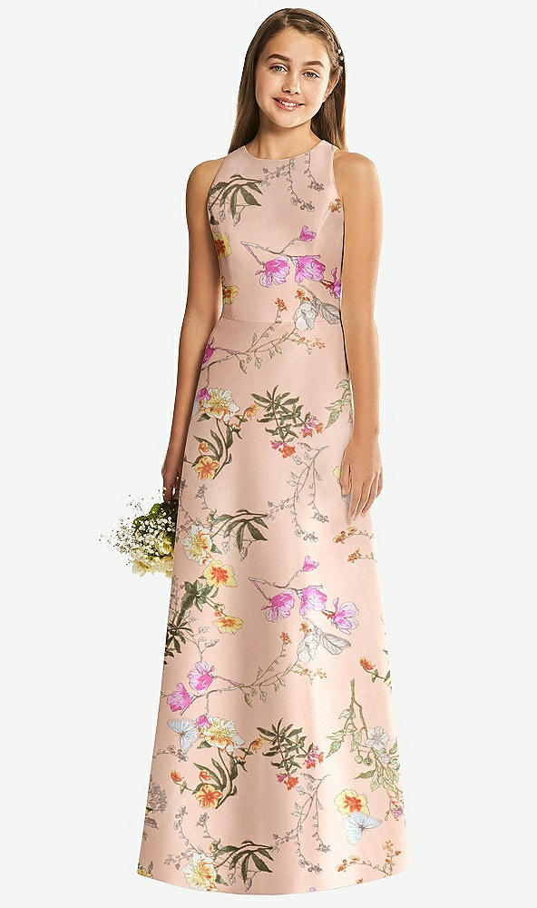 Front View - Butterfly Botanica Pink Sand Floral Sleeveless Open-Back Satin Junior Bridesmaid Dress