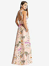 Rear View Thumbnail - Butterfly Botanica Pink Sand Floral Sleeveless Open-Back Satin Junior Bridesmaid Dress