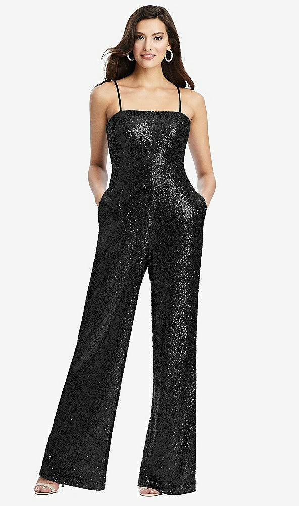 Front View - Black Sequin Jumpsuit with Pockets - Alexis