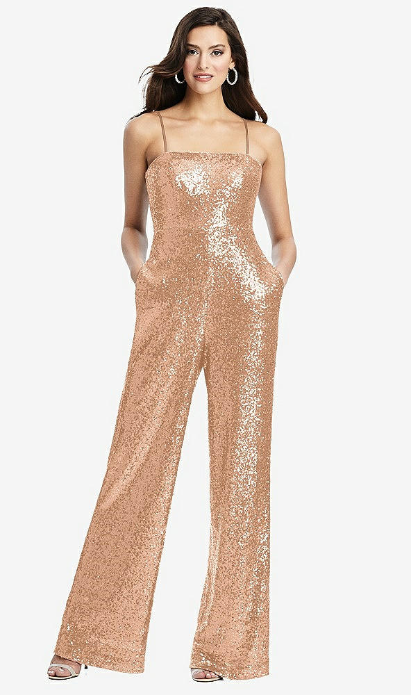 Front View - Copper Rose Sequin Jumpsuit with Pockets - Alexis