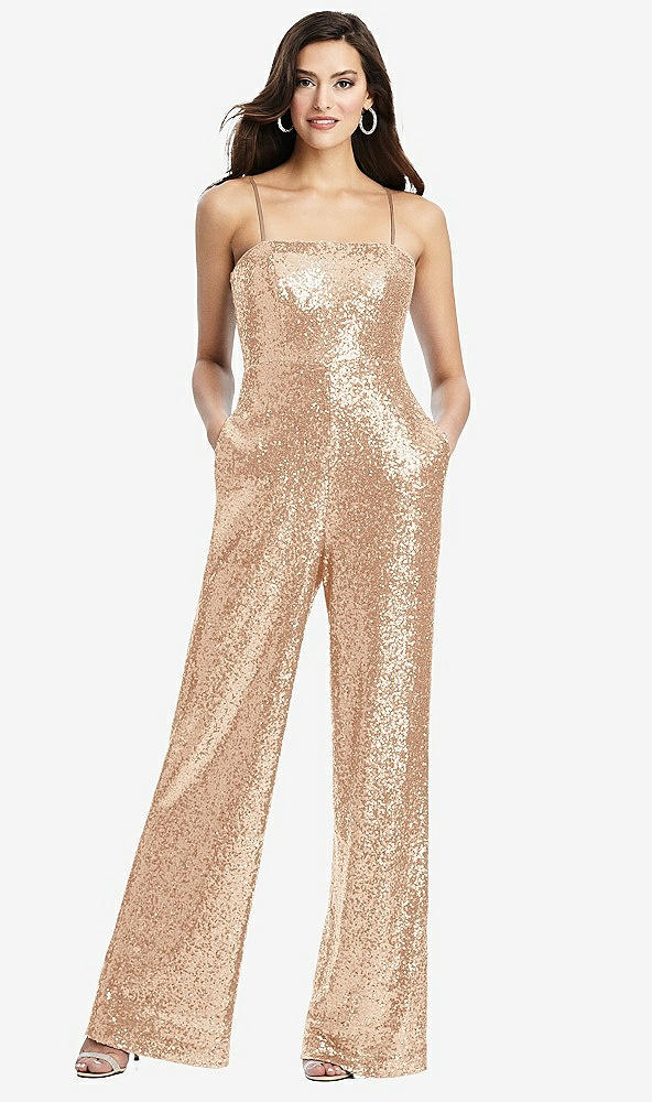 Front View - Rose Gold Sequin Jumpsuit with Pockets - Alexis