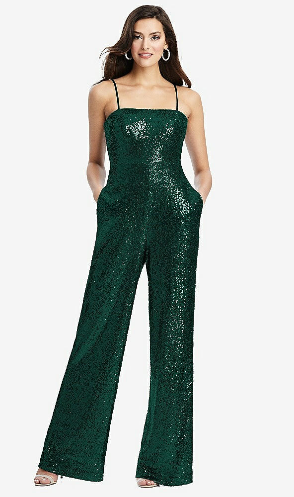Front View - Hunter Green Sequin Jumpsuit with Pockets - Alexis