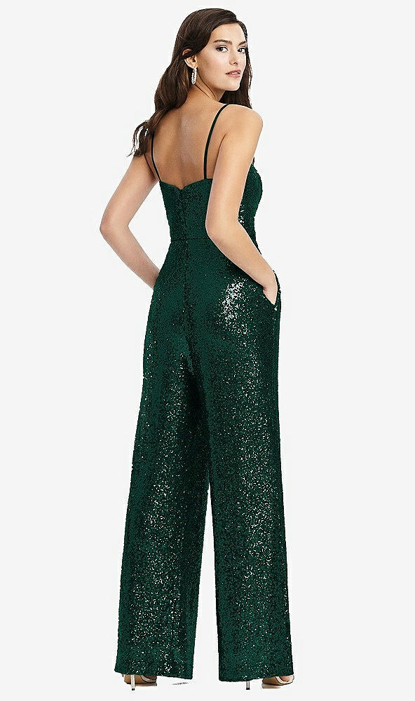 Back View - Hunter Green Sequin Jumpsuit with Pockets - Alexis