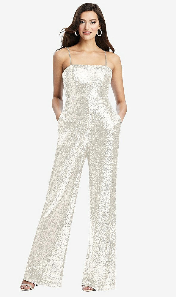 Front View - Ivory Sequin Jumpsuit with Pockets - Alexis