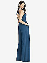 Rear View Thumbnail - Dusk Blue V-Neck Backless Pleated Front Jumpsuit