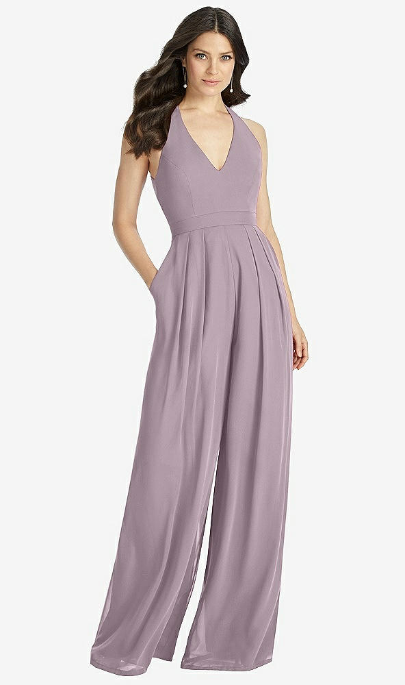Front View - Lilac Dusk V-Neck Backless Pleated Front Jumpsuit