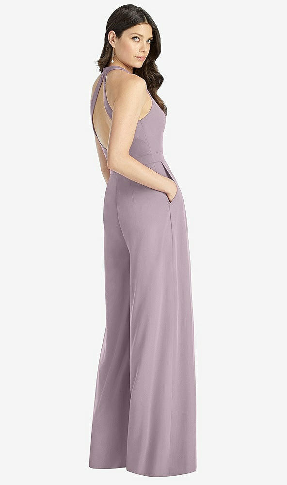 Back View - Lilac Dusk V-Neck Backless Pleated Front Jumpsuit