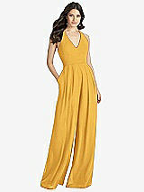 Front View Thumbnail - NYC Yellow V-Neck Backless Pleated Front Jumpsuit