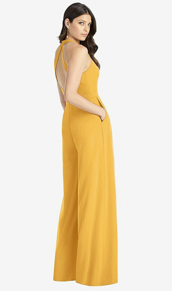 Back View - NYC Yellow V-Neck Backless Pleated Front Jumpsuit