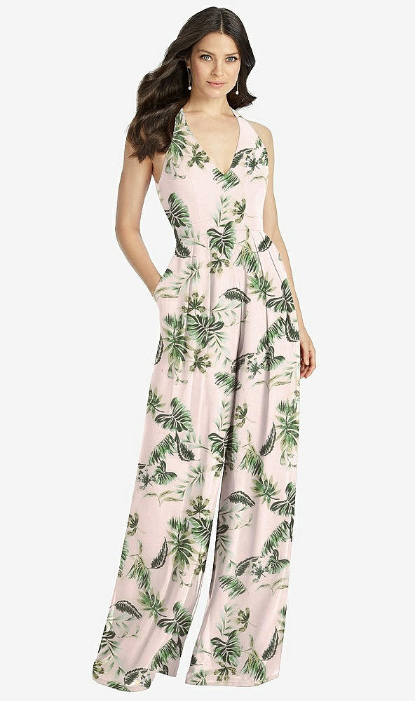 Front View - Palm Beach Print V-Neck Backless Pleated Front Jumpsuit